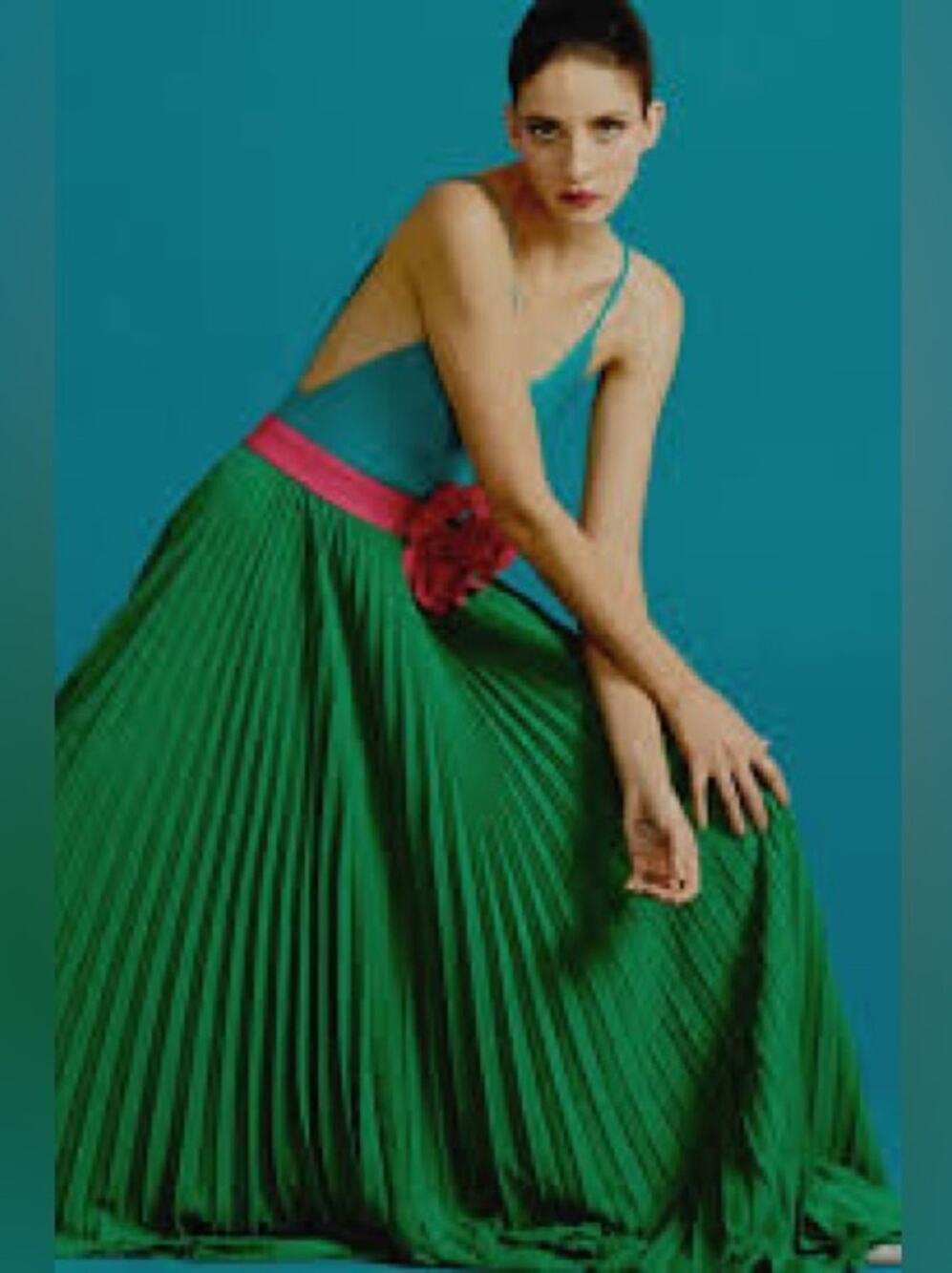 Adriana Degreas PS Le Fleur pleated emerald maxi skirt